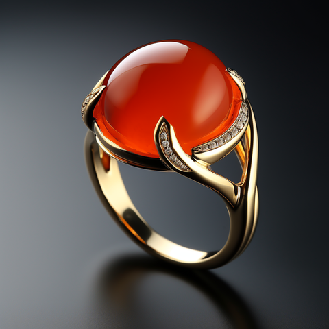 carnelian ring set in yellow gold, claw prong, diamond accents