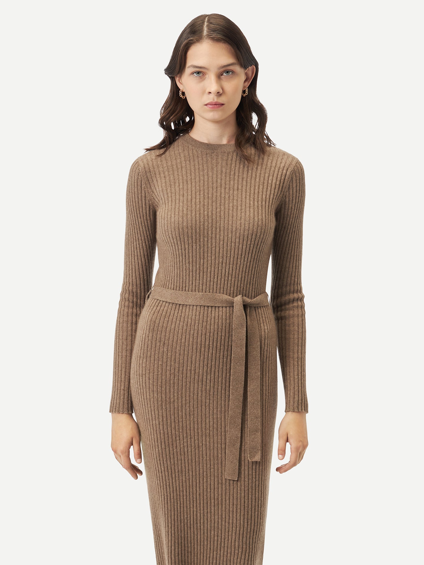 Women's Organic Cashmere Knit Dress with Belt Taupe - Gobi Cashmere