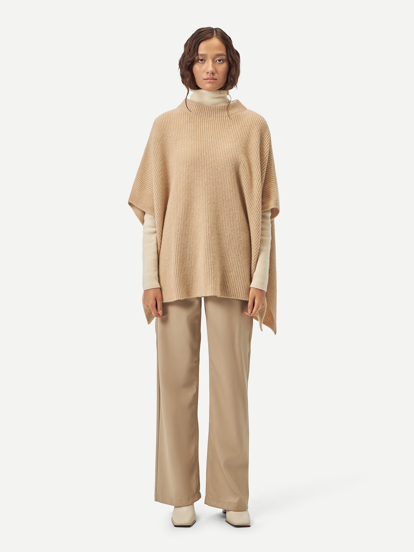 Organic Colour Rib-Knit Cashmere Poncho Beige - Gobi Cashmere