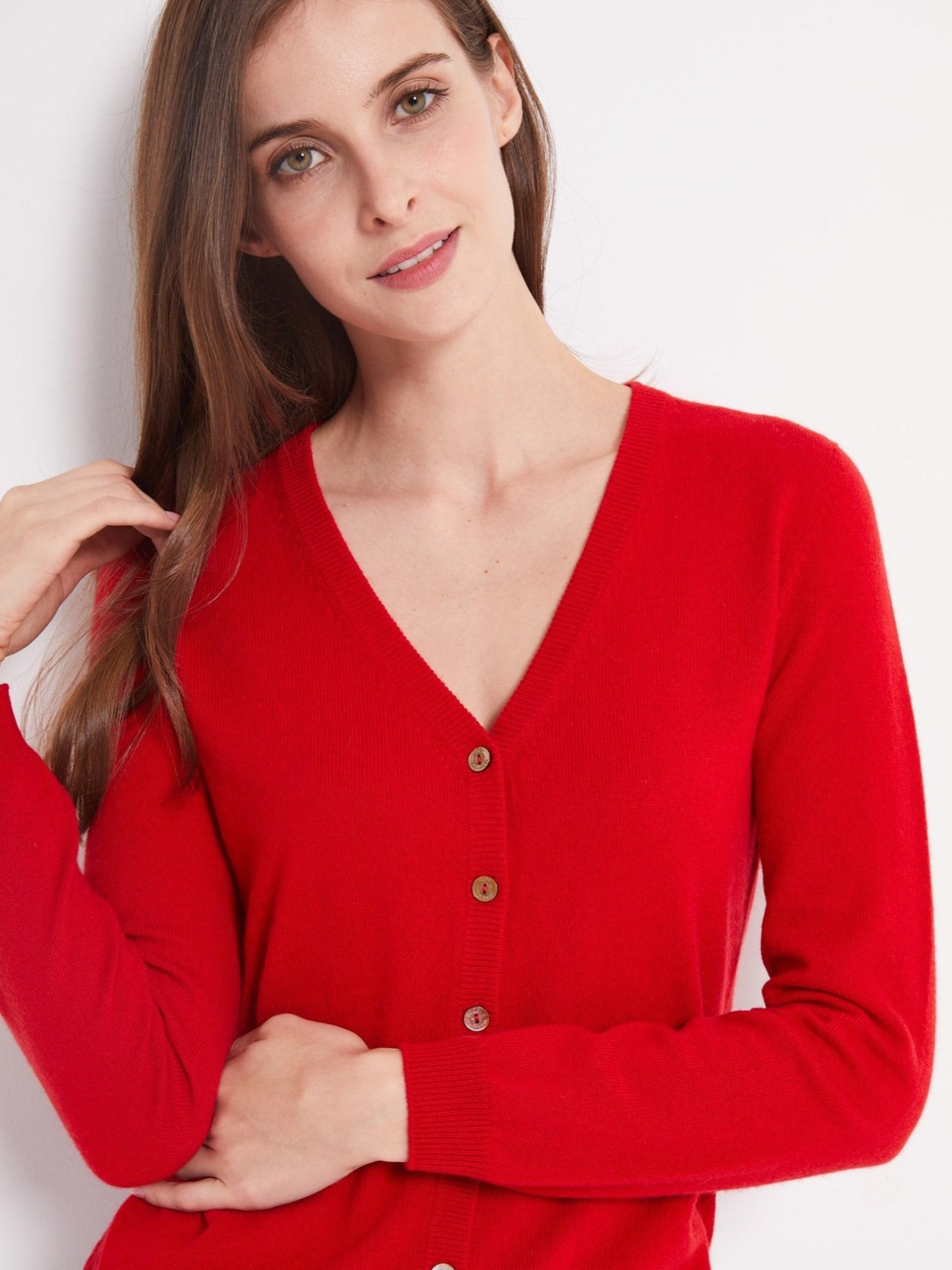 Damen Kaschmir V-Ausschnitt Strickjacke Rot - Gobi Cashmere