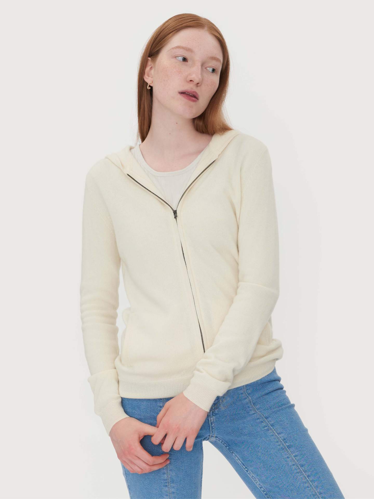 Damen Kaschmir Kapuzen-Strickjacke Mit Reißverschluss Weiß - Gobi Cashmere