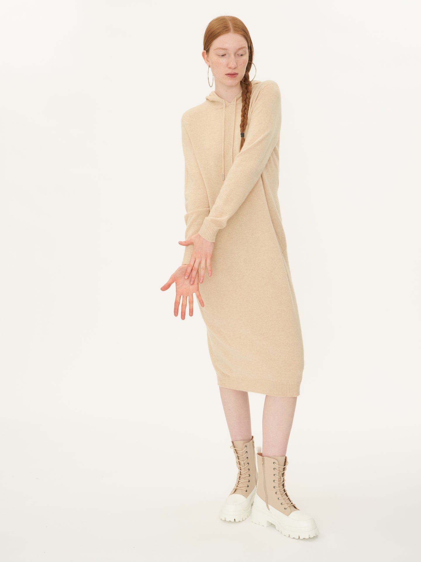 Damen Kaschmir Midikleid Mit Kapuze Beige - Gobi Cashmere