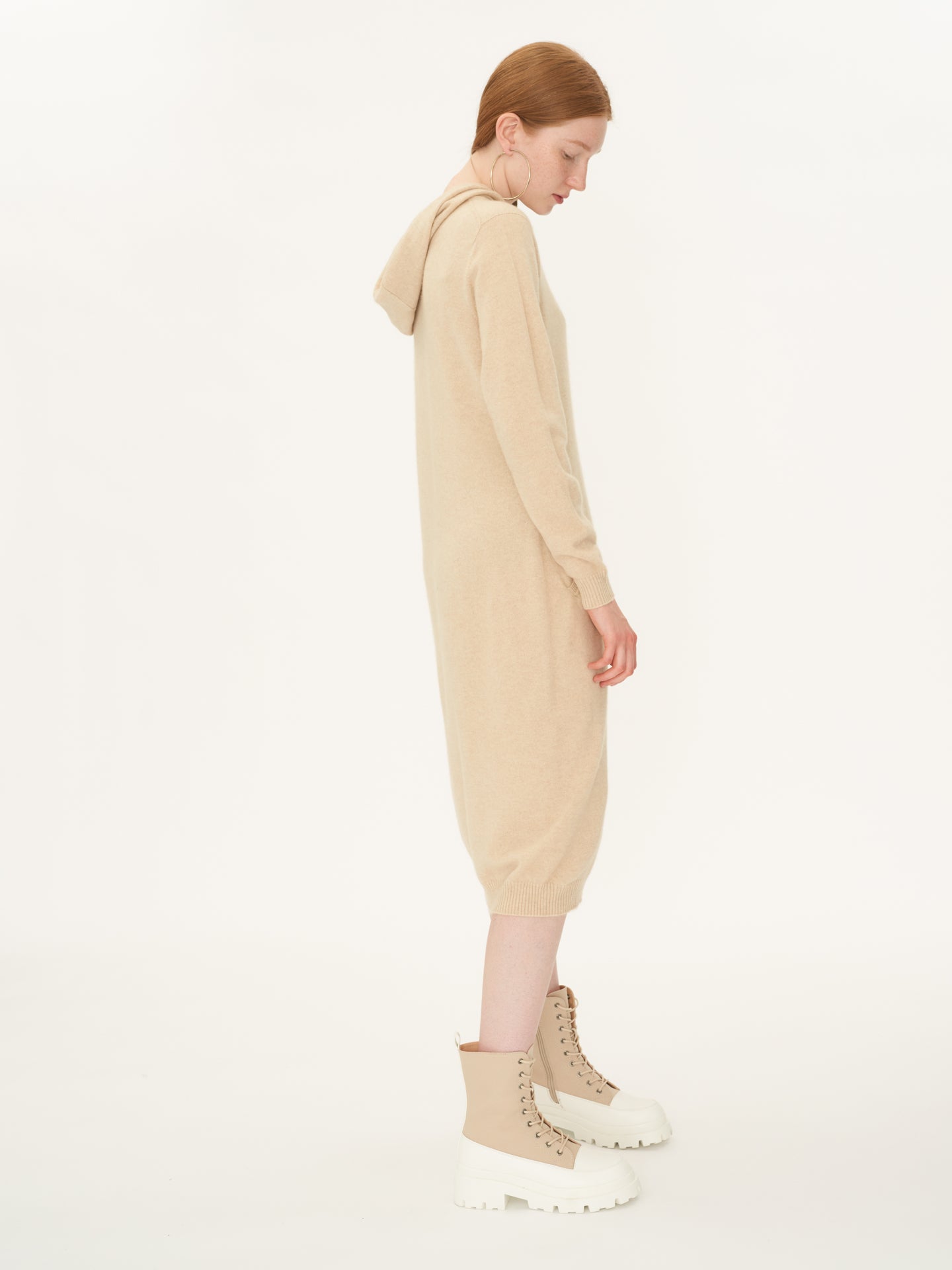 Damen Kaschmir Midikleid Mit Kapuze Beige - Gobi Cashmere