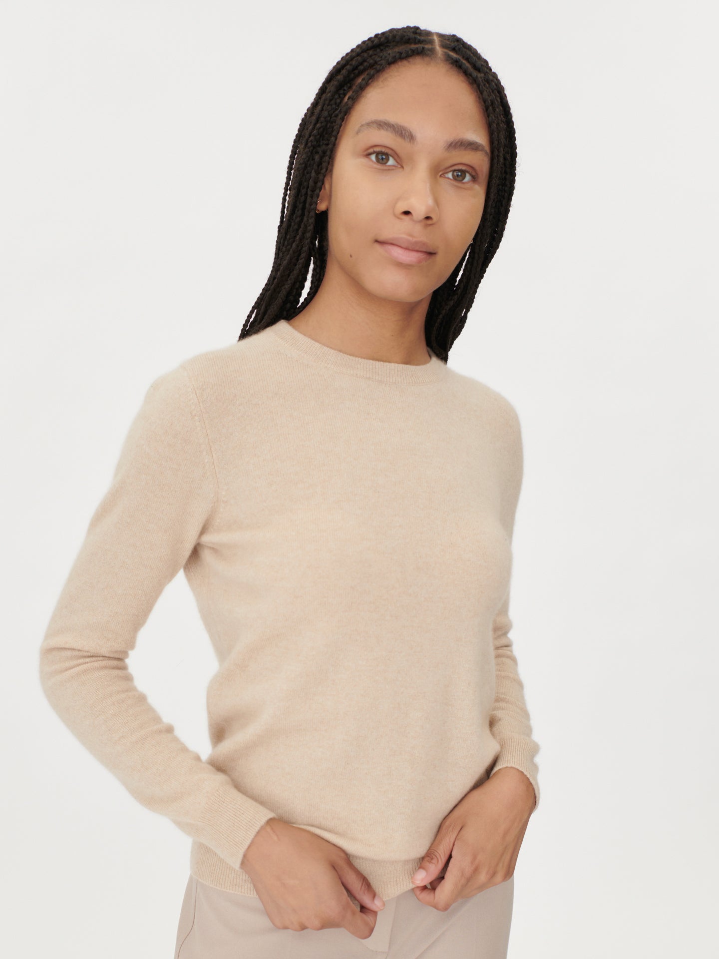 Damen Kaschmir Basic R-Ausschnitt Pullover Beige - Gobi Cashmere