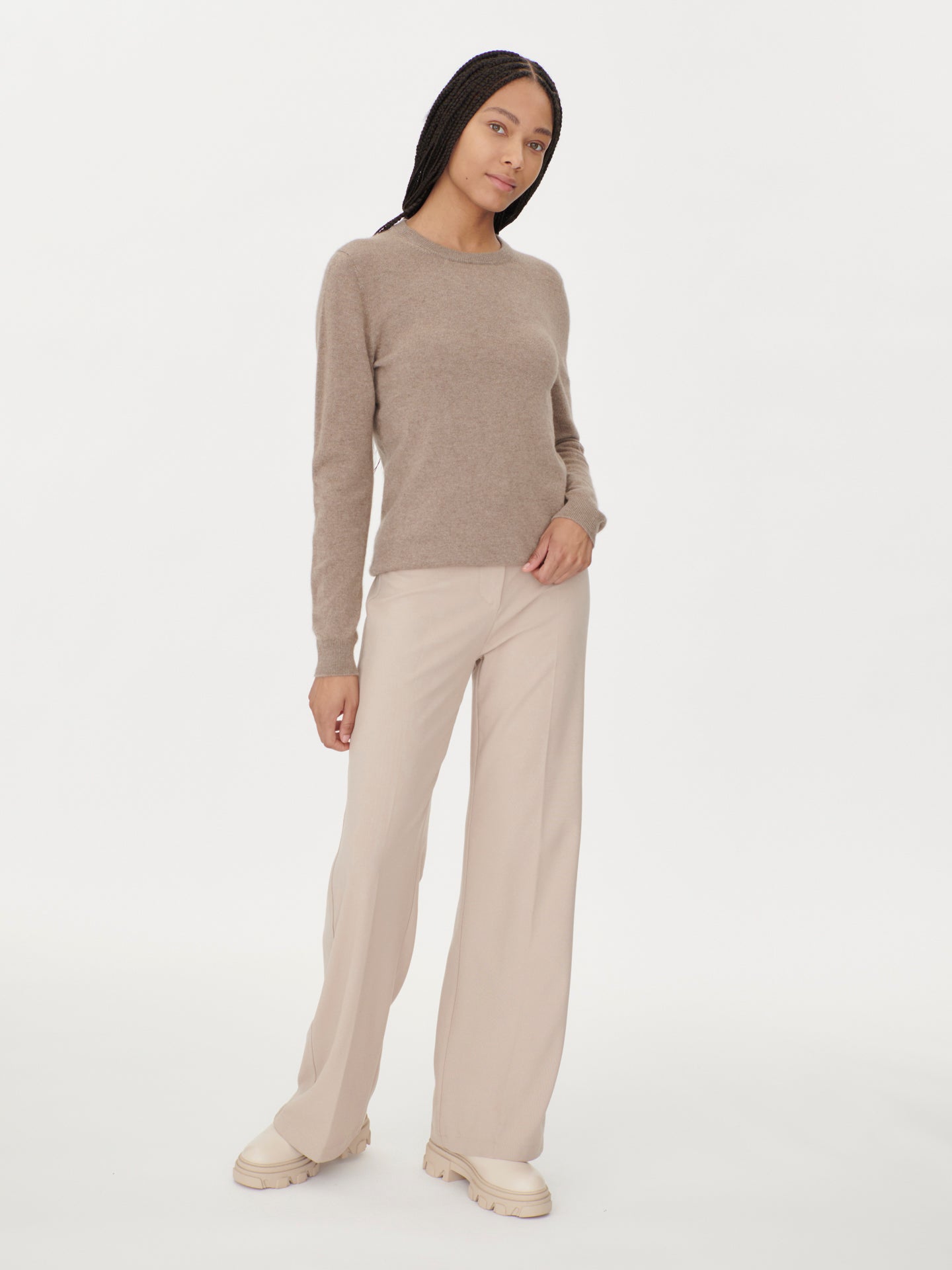 Damen Kaschmir Basic R-Ausschnitt Pullover Taupe - Gobi Cashmere