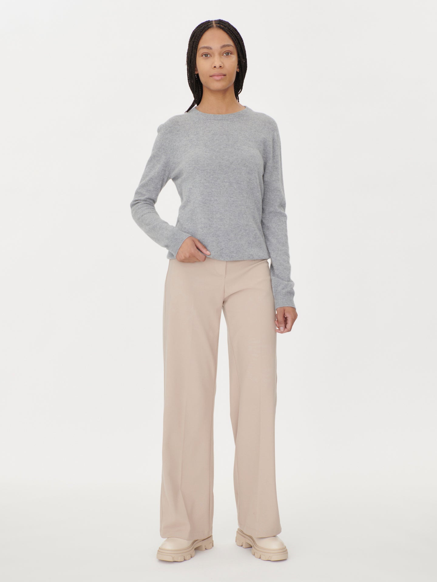 Damen Kaschmir Basic R-Ausschnitt Pullover Hellgrau - Gobi Cashmere