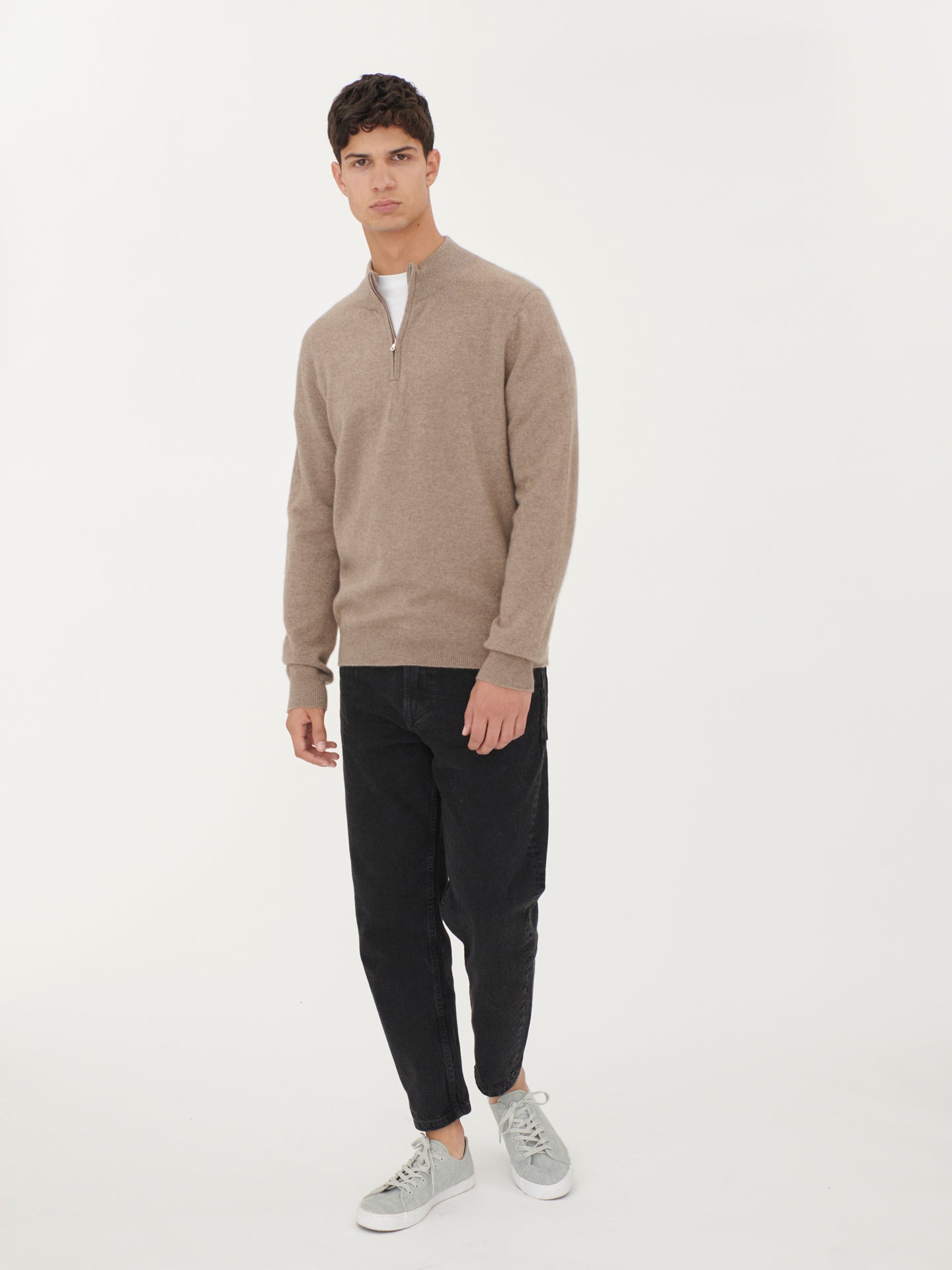 Herren Kaschmir Pullover Mit Halbreißverschluss Taupe - Gobi Cashmere