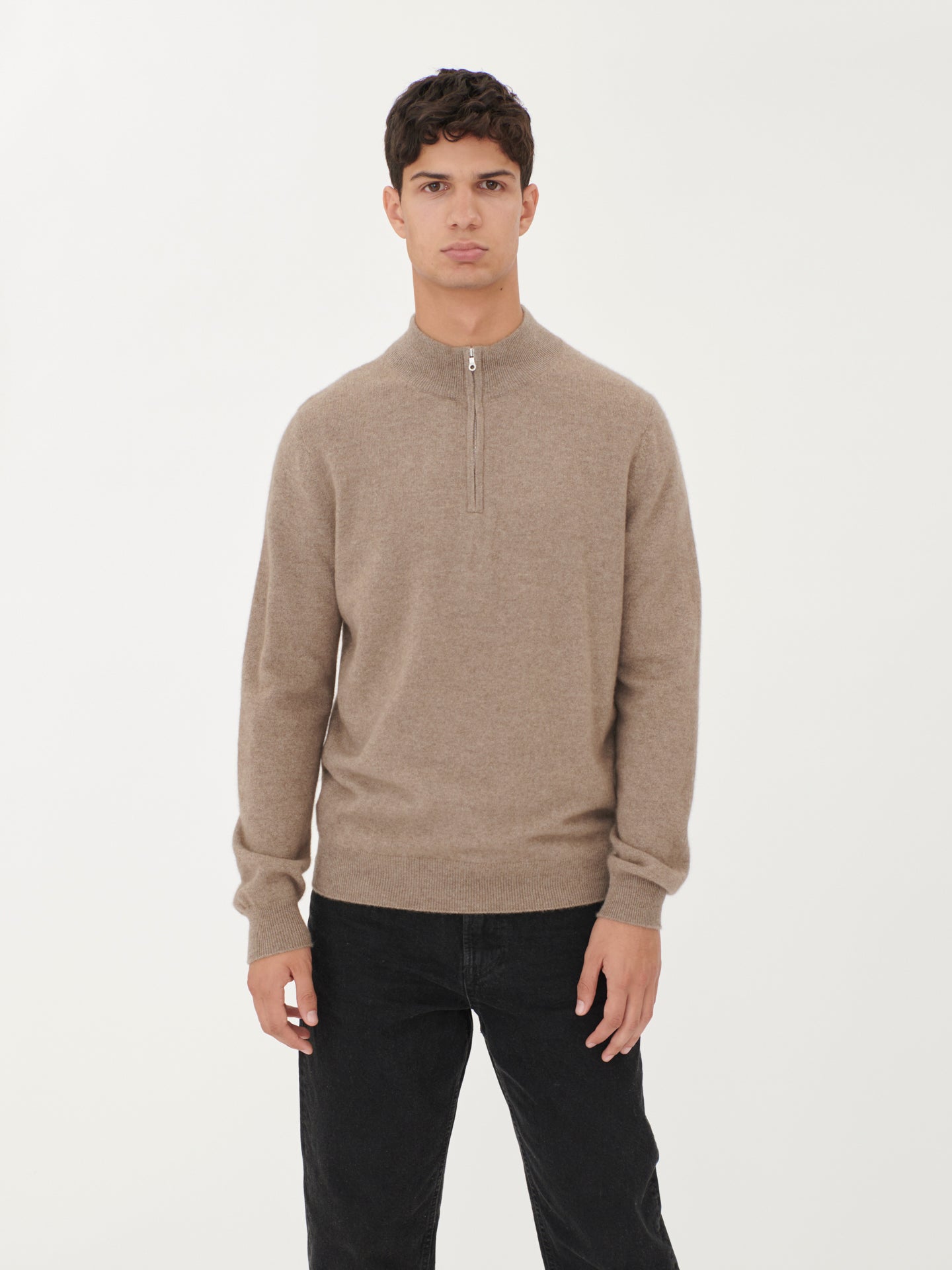 Herren Kaschmir Pullover Mit Halbreißverschluss Taupe - Gobi Cashmere