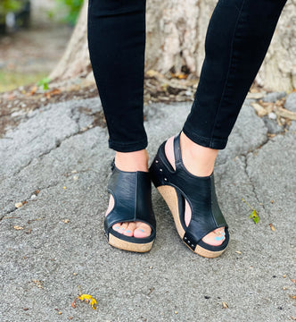 Carley Platform Wedge in Black Smooth by Corkys