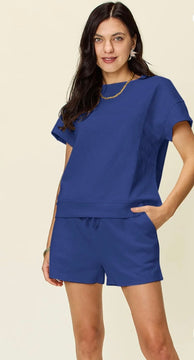 Textured Short Sleeve Top and Drawstring Short Set (7 Colors)