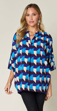 Sky Blue Geometric Notched Half Sleeve Blouse