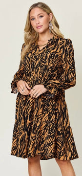 Caramel Printed Ruffle Hem Long Sleeve Dress