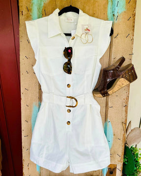 OFF WHITE SLEEVELESS BELTED ROMPER by Fate