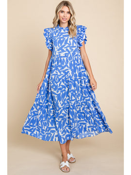 CURVY BLUE TIERED MIDI DRESS W/ RUFFLED SLEEVES