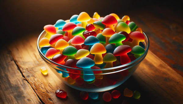 A colorful assortment of mushroom gummies in a bowl