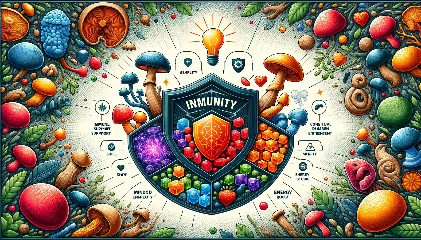Visually communicates the health benefits associated with these gummies, such as immune support, cognitive enhancement, and energy boost. Incorporate symbolic imagery like a shield for immunity, a bright light bulb for mental clarity, and a dynamic energy symbol, all interwoven with illustrations of gummies shaped like Reishi, Lion's Mane, and Chaga mushrooms.