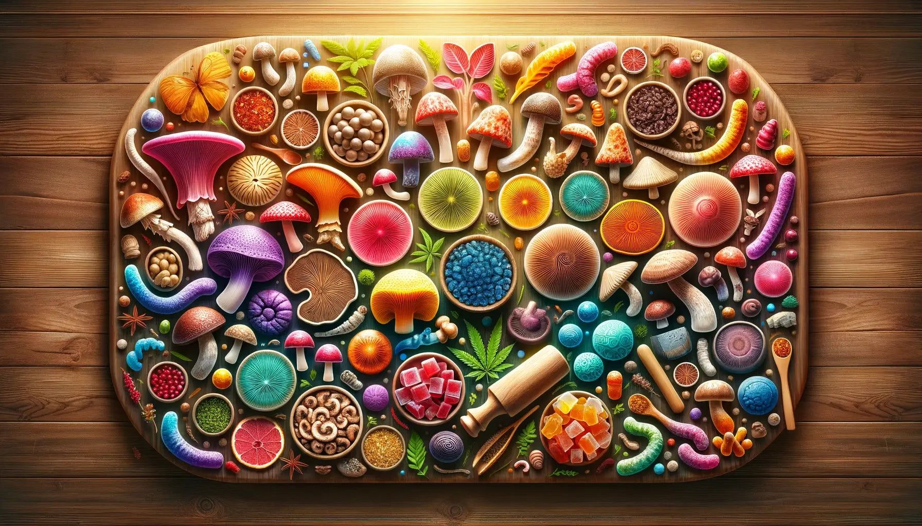 Features a broad, engaging scene where various colorful gummies, shaped like different medicinal mushrooms such as Reishi, Lion's Mane, and Chaga, are artfully arranged across the frame.