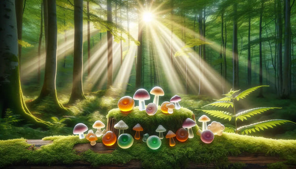 Serene forest clearing with sunlight and mushroom gummies on a moss-covered log