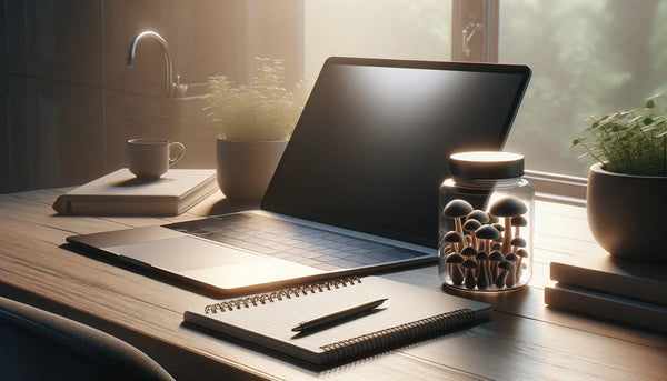 A calm environment showing a work desk with mushroom gummies alongside a laptop and a notepad.