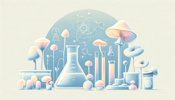 Pastel illustration of mushrooms, gummies, and subtle scientific tools on a soft background.