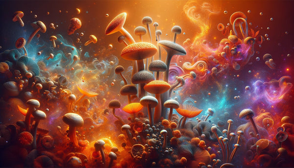 Ethereal landscape showcasing the synergy of Cordyceps, Reishi, and Lion's Mane in gummy form.