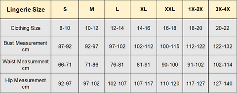 Lingerie size chart