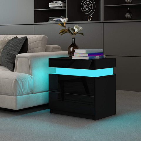Schwarzer Nachttisch mit 2 Schubladen, weißer Hochglanz, Nachttisch mit RGB-LED-Licht