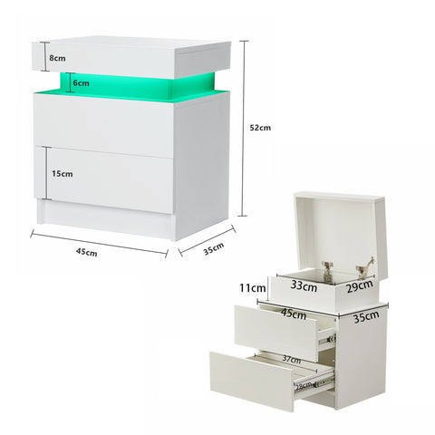 Nachttisch aus Glas mit 2 Schubladen, Weiß, Nachttisch mit RGB-LED-Licht