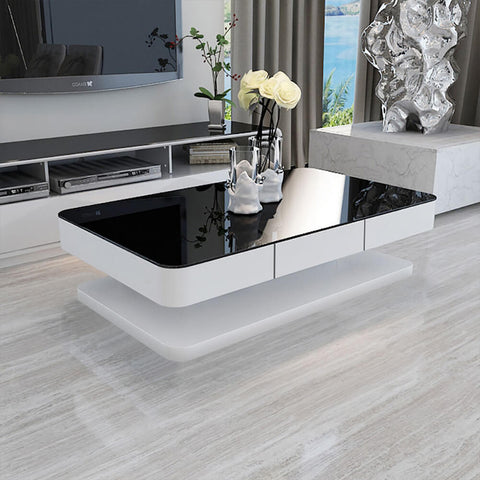 CLIPOP White High Gloss Coffee Table with 2 Drawers Glass Top