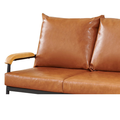 Zeitgenössisches Sofa aus brauenfarbenem PU-Leder mit Holzarm, 1-Sitzer, 2er-Sofa, 3-Sitzer