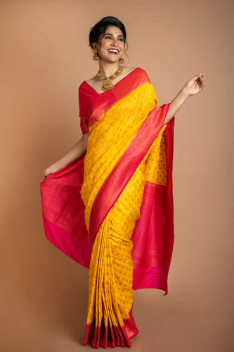 Yellow zari checked design dupion saree, contrast pallu & vidarbha border  of traditional zari designs