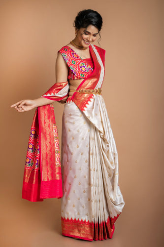 Checked Red Kanjeevaram Silk Saree with White Border - Tulsi Weaves