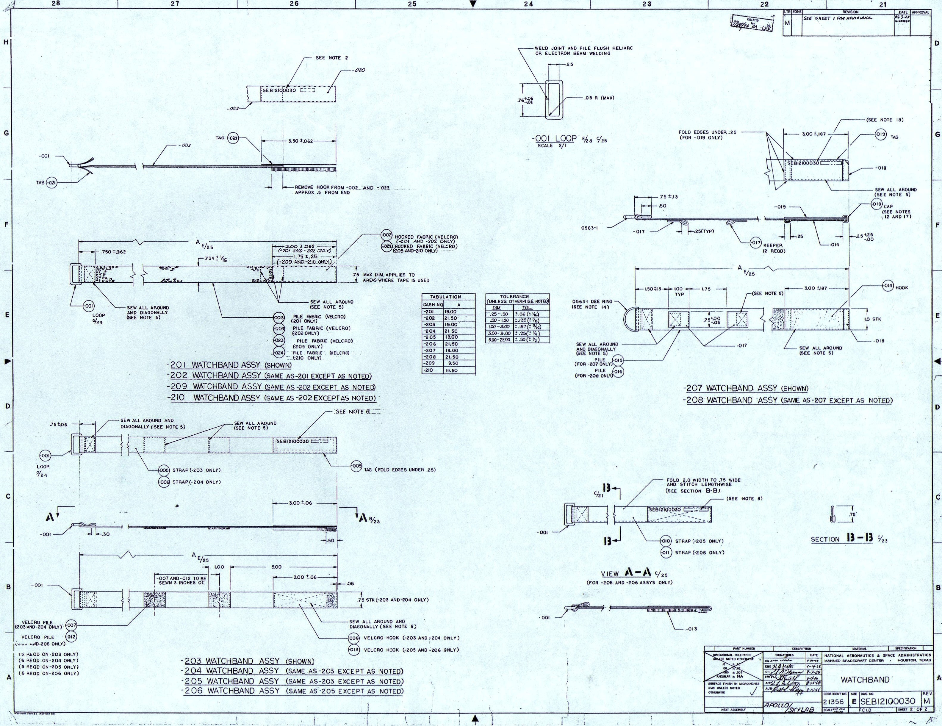 Apollo Skylab technical drawing for SEB12100030-202 watchband