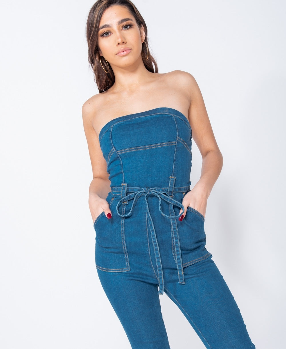 denim bandeau jumpsuit