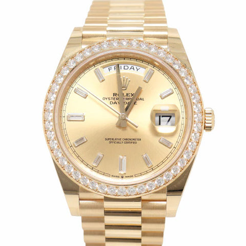 ROLEX MEN'S DAY-DATE YELLOW GOLD 40MM FACTORY CHAMPAGNE BAGUETTE DIAMOND DIAL WATCH REFERENCE# 228348RBR