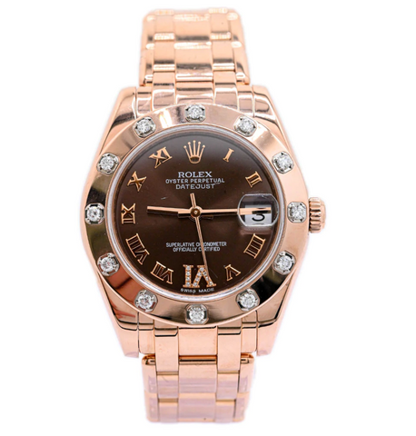 ROLEX LADIES PEARLMASTER ROSE GOLD 34MM CHOCOLATE ROMAN DIAMOND 6 DIAL WATCH REFERENCE #: 81315