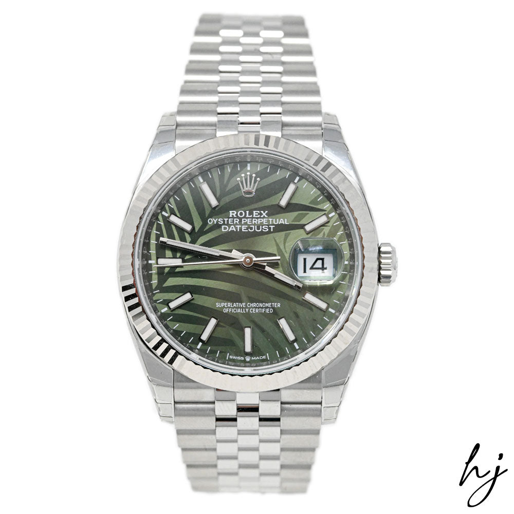 Rolex Datejust 36 Stainless Steel Datejust 36mm Olive Green Palm Motif  Stick Dial Watch Reference #: 126234 | Happy Jewelers