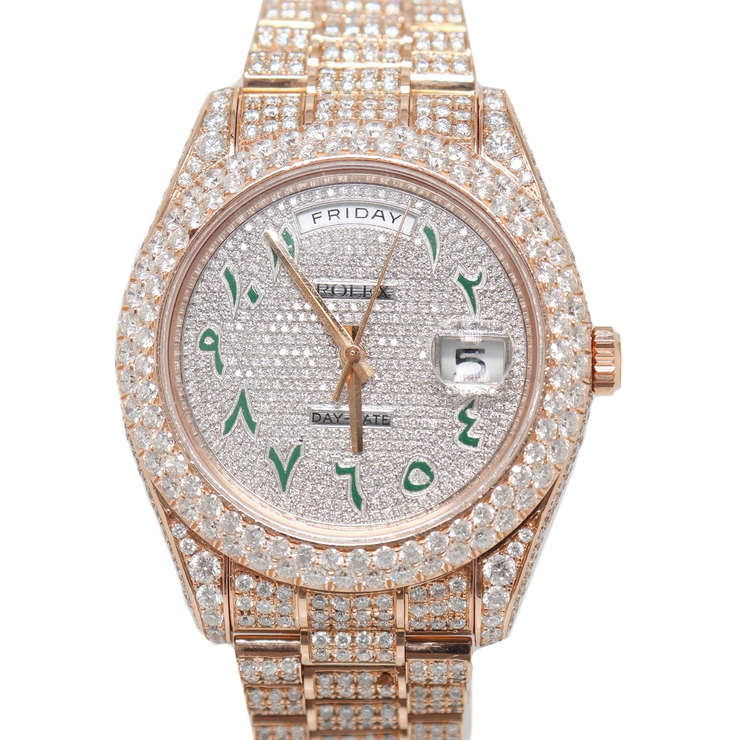 Men's Day-Date Rose Gold Fully Iced Out Pave Set Diamond Dial w/ Arabic Hour Markers Reference# 218235 | Happy Jewelers