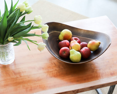 live edge bowl for home decor shown with assorted apples