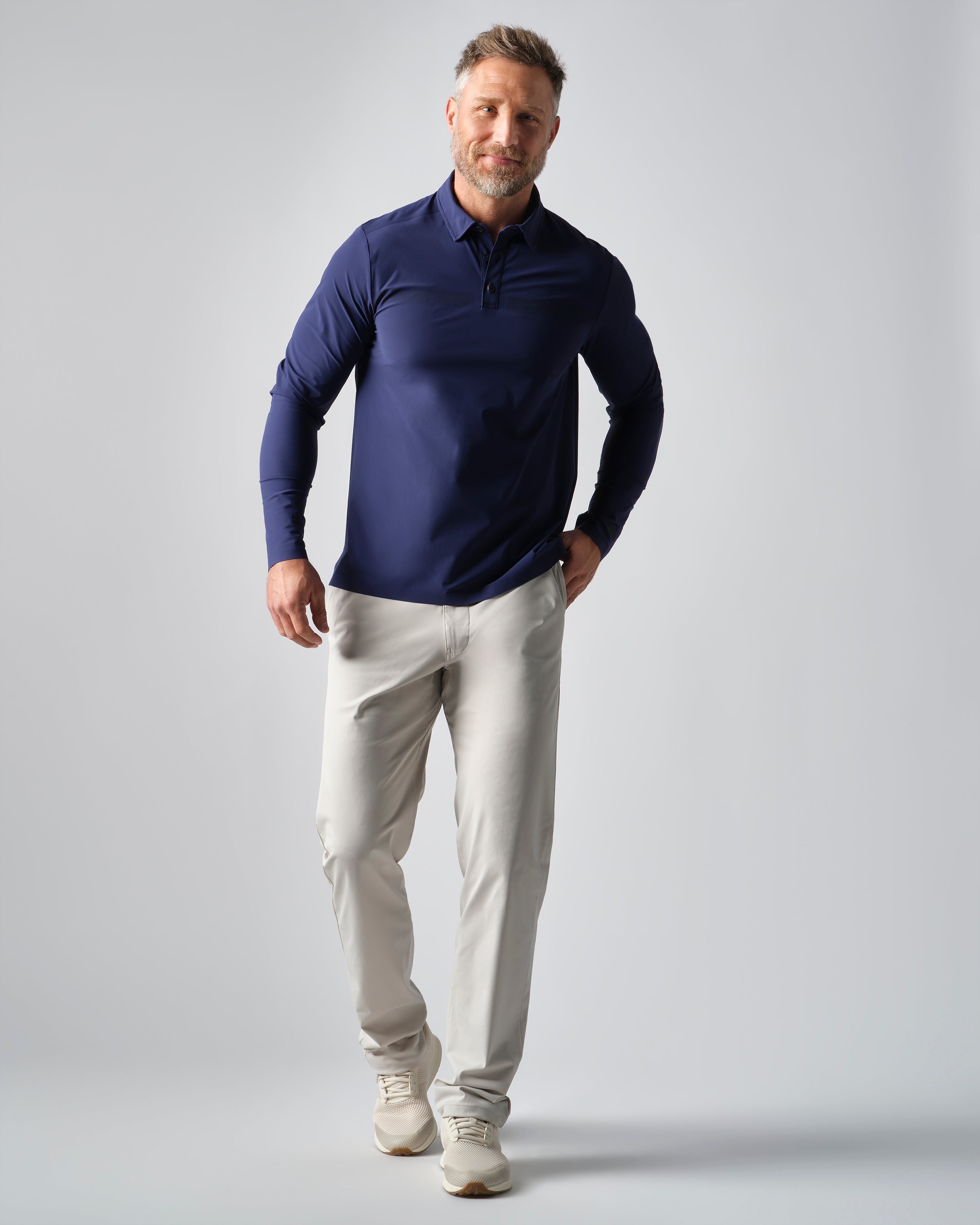 White Long Sleeve Polo Shirt with Beige Pants