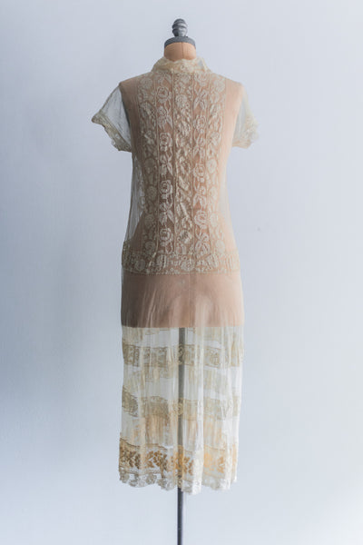 1920s Ecru French Knot Embroidered Fillet Lace Flapper Dress - S | G O ...