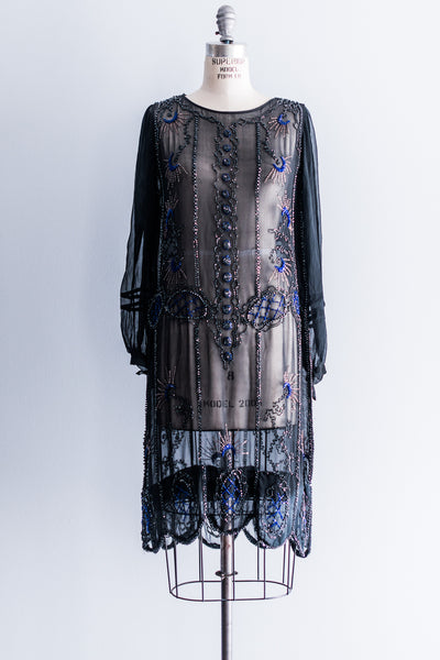 [SOLD] Long-Sleeved Silk Chiffon Beaded Flapper Dress | G O S S A M E R