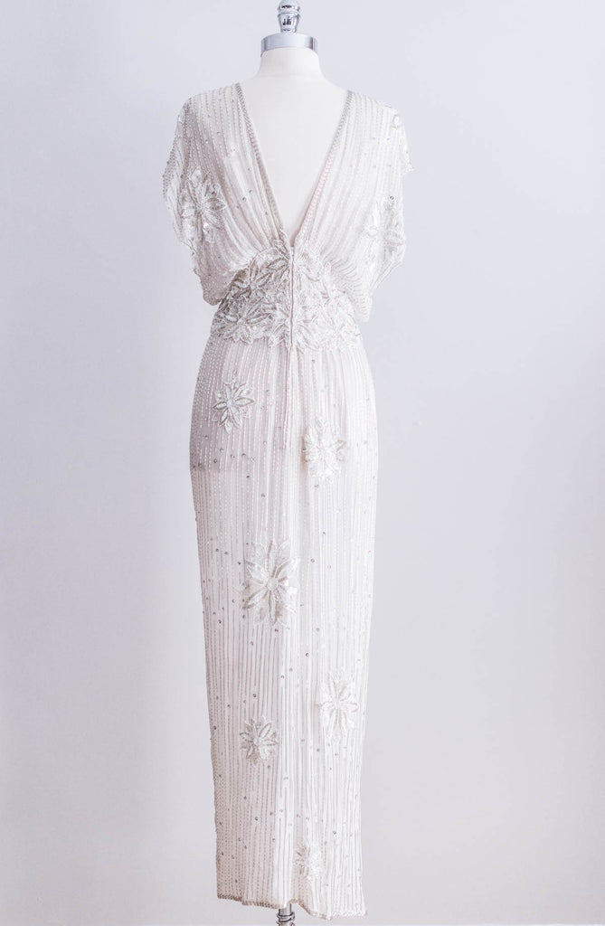 [SOLD] 1980s Silver Beaded Bloussant Gown | G O S S A M E R