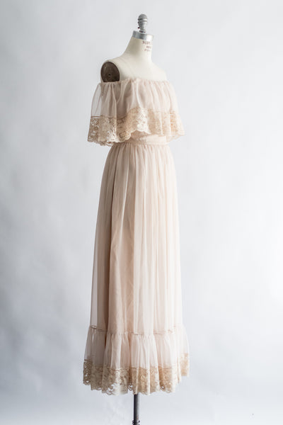 1970s Nude Off the Shoulder Chiffon and Lace Maxi Dress - S/M | G O S S ...