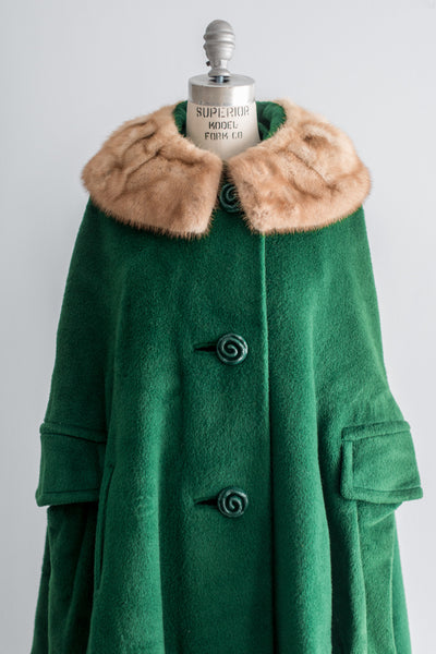 1950s Green Wool and Mink Cape Coat - L | G O S S A M E R