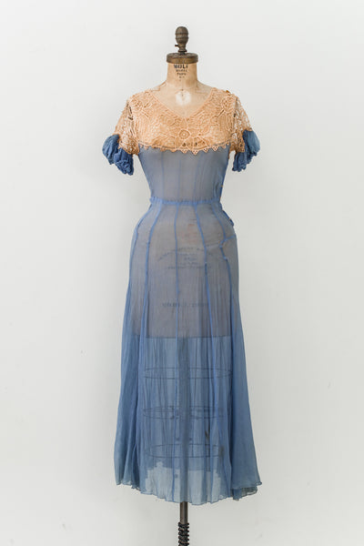 1930s Silk Chiffon and Lace Cutout Dress - XS/S | G O S S A M E R