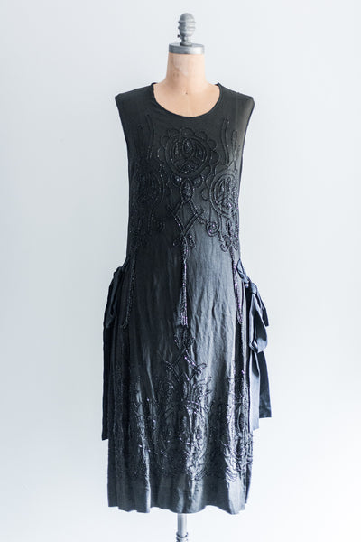 1920's Black Silk Crepe Beaded Dress - S/M | G O S S A M E R