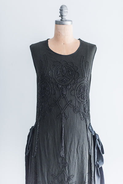 1920's Black Silk Crepe Beaded Dress - S/M | G O S S A M E R