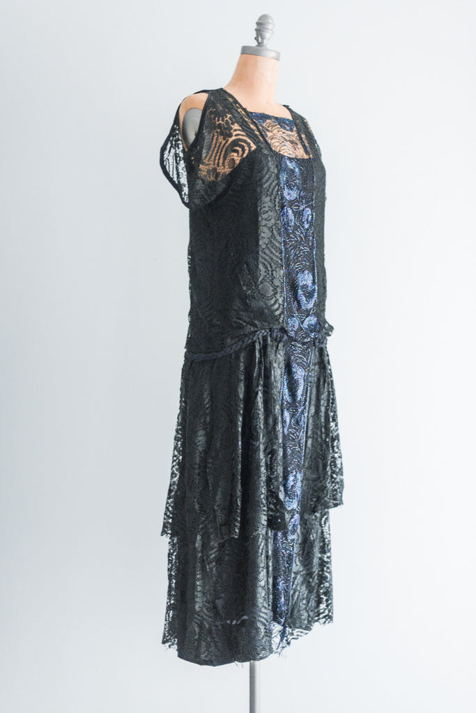 1920's Silk Lace and Cobalt Beaded Flapper Dress - M | G O S S A M E R