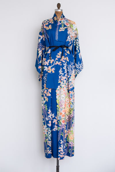 Vintage Royal Blue Floral and Leaves Kimono - One Size | G O S S A M E R